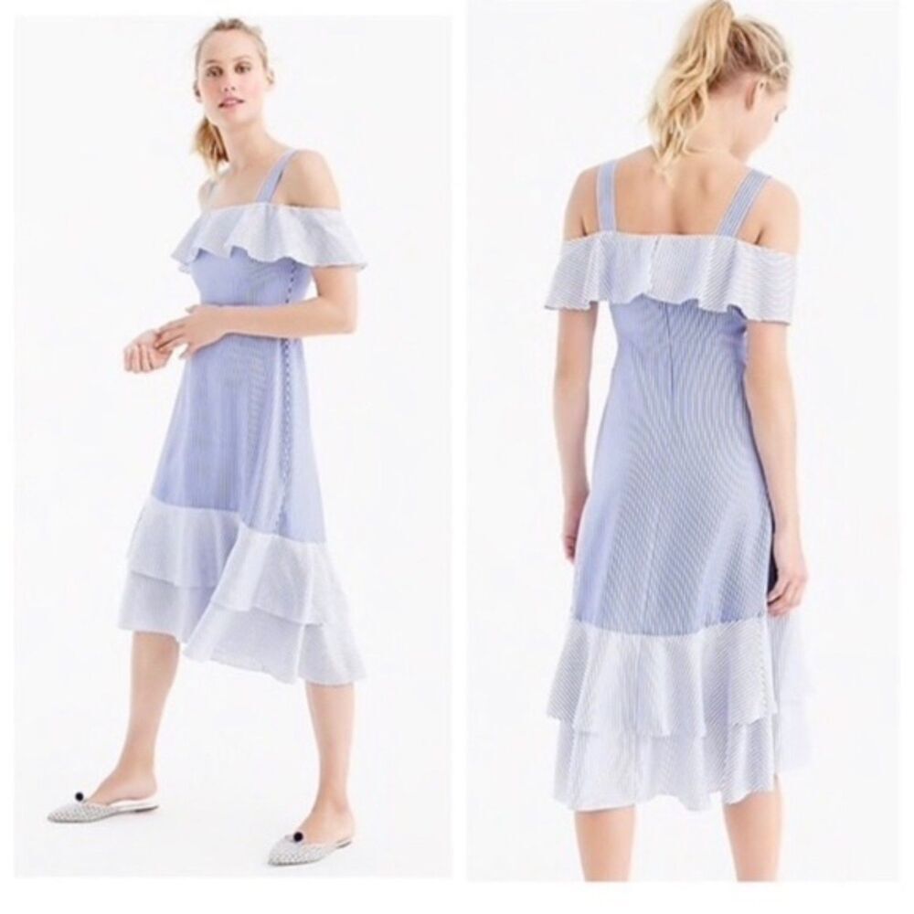 J. CREW 100% Silk Blue White Striped Ruffle Cold Shoulder Tiered Midi Dress 6